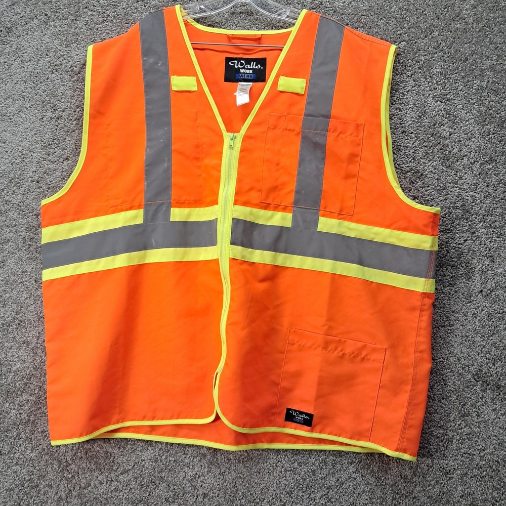 Walls Workwear‎ Mens Safety Vest Orange Reflective Hi-Vis Zip Front 2XL T38230J